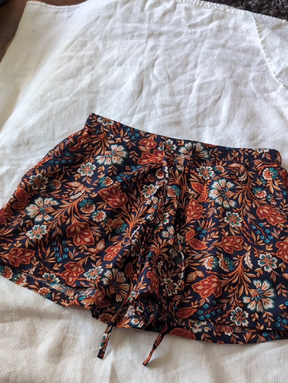 Floral Print Drawstring Shorts - Navy with Rust and Teal